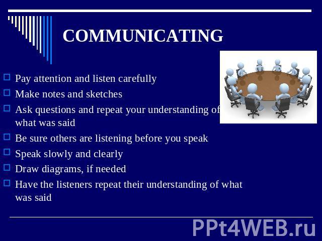 COMMUNICATING Pay attention and listen carefully Make notes and sketches Ask questions and repeat your understanding ofwhat was said Be sure others are listening before you speak Speak slowly and clearly Draw diagrams, if needed Have the listeners r…