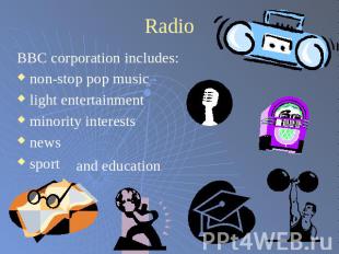 Radio BBC corporation includes:non-stop pop musiclight entertainmentminority int