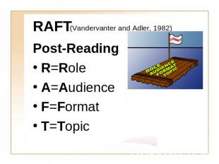 RAFT (Vandervanter and Adler, 1982) Post-ReadingR=RoleA=AudienceF=FormatT=Topic
