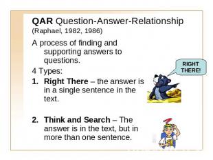 QAR Question-Answer-Relationship(Raphael, 1982, 1986) A process of finding and s