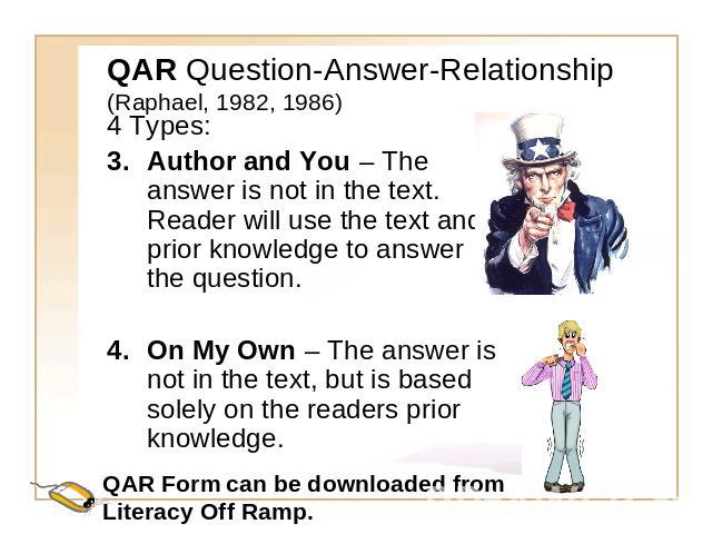 QAR Question-Answer-Relationship(Raphael, 1982, 1986) 4 Types:Author and You – The answer is not in the text. Reader will use the text and prior knowledge to answer the question.On My Own – The answer is not in the text, but is based solely on the r…