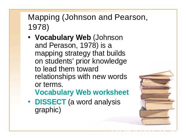 Mapping (Johnson and Pearson, 1978) Vocabulary Web (Johnson and Perason, 1978) is a mapping strategy that builds on students' prior knowledge to lead them toward relationships with new words or terms.  Vocabulary Web worksheet DISSECT (a word analys…