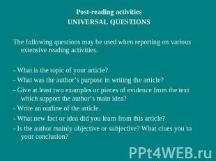 Post-reading activitiesUNIVERSAL QUESTIONSThe following questions may be used wh