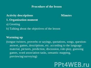 Procedure of the lessonActivity descriptions Minutes1. Organization momenta) Gre