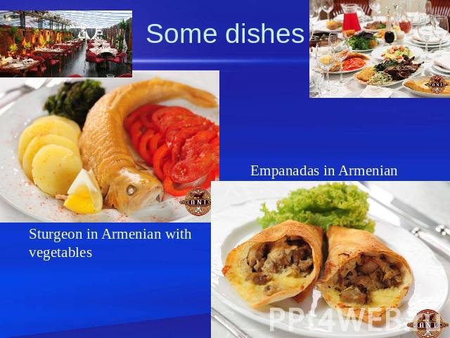 Some dishes Sturgeon in Armenian with vegetables Empanadas in Armenian