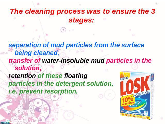 The cleaning process was to ensure the 3 stages: separation of mud particles from the surface being cleaned, transfer of water-insoluble mud particles in the solution, retention of these floating particles in the detergent solution, i.e. prevent res…