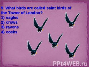 9. What birds are called saint birds of the Tower of London?eaglescrowsravenscoc