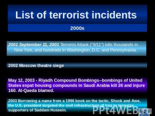 List of terrorist incidents 2001 September 11, 2001 Terrorist Attack ("9/11") ki