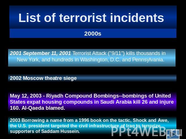List of terrorist incidents 2001 September 11, 2001 Terrorist Attack (