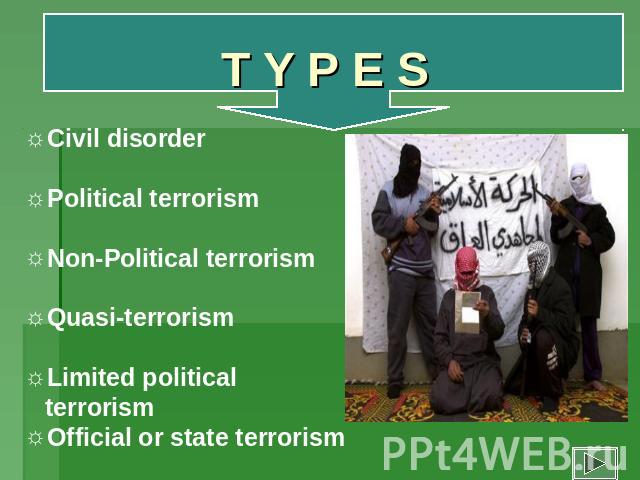 T Y P E S Civil disorderPolitical terrorismNon-Political terrorismQuasi-terrorismLimited political terrorismOfficial or state terrorism