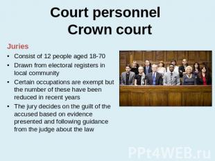 Court personnel Crown court JuriesConsist of 12 people aged 18-70Drawn from elec