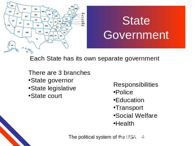 State Government Each State has its own separate government There are 3 branchesState governorState legislativeState court ResponsibilitiesPoliceEducationTransportSocial WelfareHealth