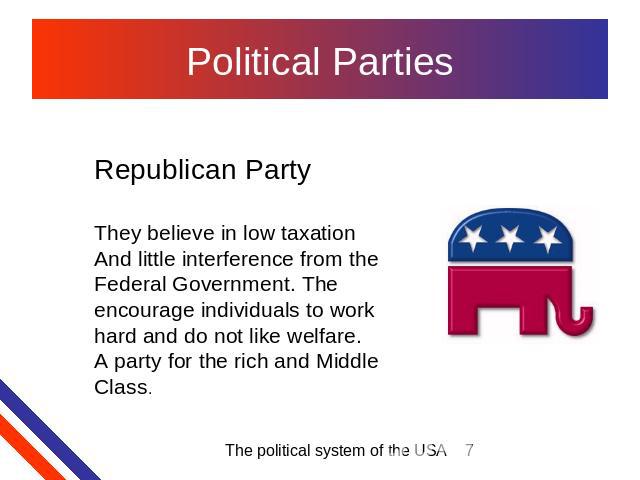 Political Parties Republican PartyThey believe in low taxationAnd little interference from the Federal Government. The encourage individuals to work hard and do not like welfare.A party for the rich and Middle Class.
