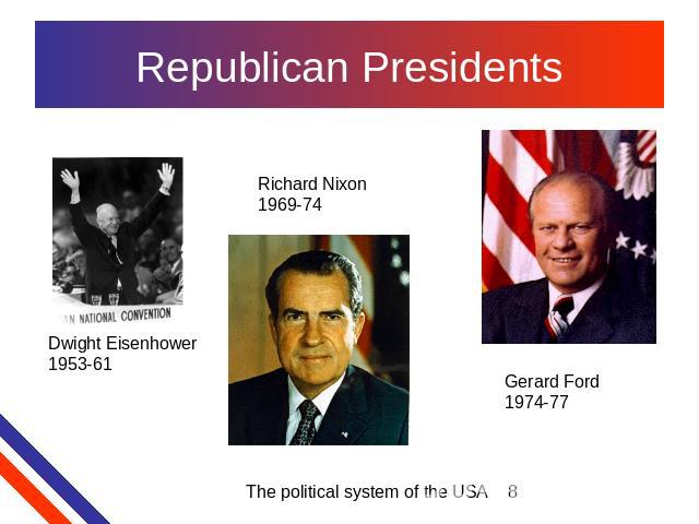 Republican Presidents Dwight Eisenhower1953-61 Richard Nixon1969-74 Gerard Ford1974-77