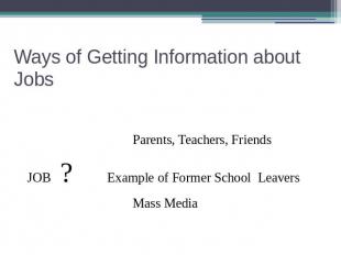 Ways of Getting Information about Jobs Parents, Teachers, Friends JOB ? Example