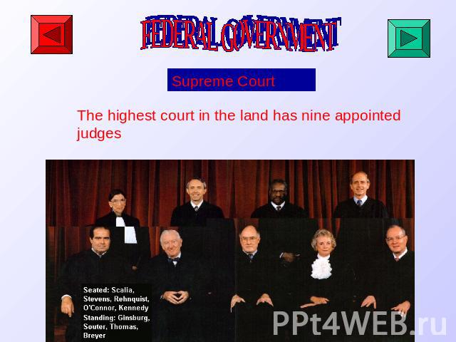 FEDERAL GOVERNMENT Supreme Court The highest court in the land has nine appointed judges