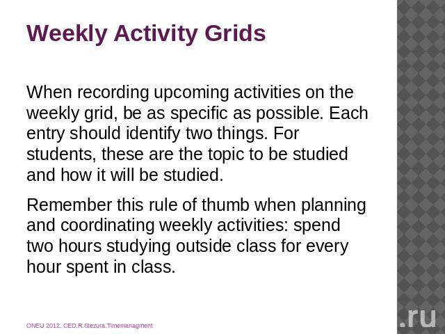 Weekly Activity Grids When recording upcoming activities on the weekly grid, be as specific as possible. Each entry should identify two things. For students, these are the topic to be studied and how it will be studied. Remember this rule of thumb w…
