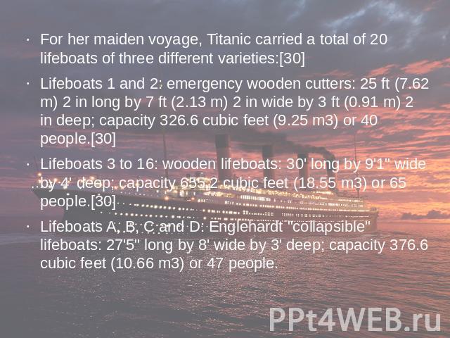 For her maiden voyage, Titanic carried a total of 20 lifeboats of three different varieties:[30]Lifeboats 1 and 2: emergency wooden cutters: 25 ft (7.62 m) 2 in long by 7 ft (2.13 m) 2 in wide by 3 ft (0.91 m) 2 in deep; capacity 326.6 cubic feet (9…