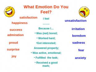 What Emotion Do You Feel? I feel……..Because I… Was (not) bored; Worked hard;Got