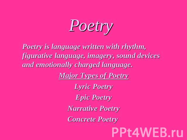 Poetry Poetry is language written with rhythm, figurative language, imagery, sound devices and emotionally charged language. Major Types of PoetryLyric PoetryEpic PoetryNarrative PoetryConcrete Poetry