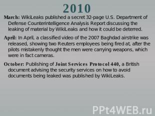 2010 March: WikiLeaks published a secret 32-page U.S. Department of Defense Coun