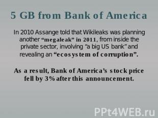 5 GB from Bank of America In 2010 Assange told that Wikileaks was planning anoth