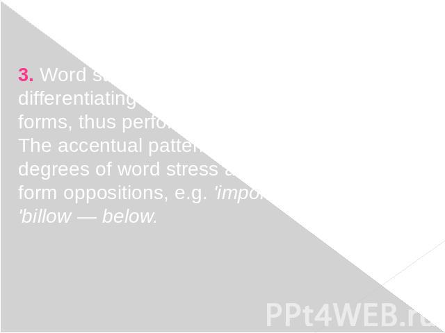 3. Word stress alone is capable of differentiating the meaning of words or their forms, thus performing its distinctive function. The accentual patterns of words or the degrees of word stress and their positions form oppositions, e.g. 'import — im'p…