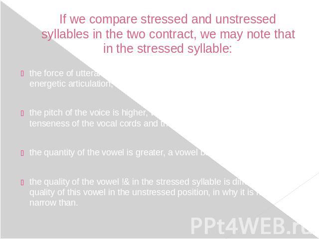 If we compare stressed and unstressed syllables in the two contract, we may note that in the stressed syllable: the force of utterance is greater, which is connected with more energetic articulation;the pitch of the voice is higher, which is connect…