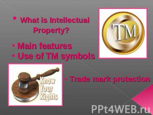 What is Intellectual Property? Main features Use of TM symbols Trade mark protec
