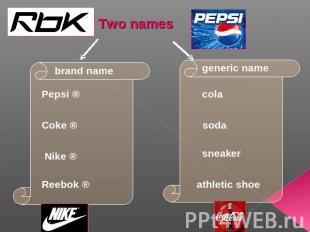 Two names brand name Pepsi ® Coke ® Nike ® Reebok ® generic name cola soda sneak
