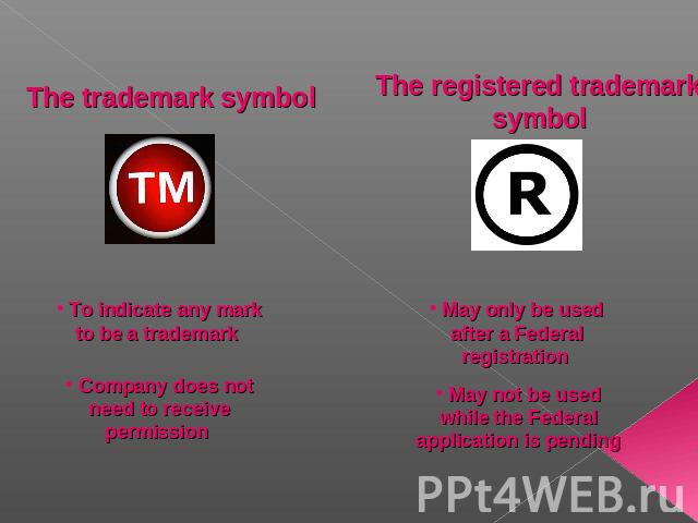 The trademark symbol To indicate any mark to be a trademark Company does not need to receive permission The registered trademark symbol May only be used after a Federal registration May not be used while the Federal application is pending