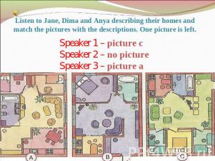 Listen to Jane, Dima and Anya describing their homes and match the pictures with