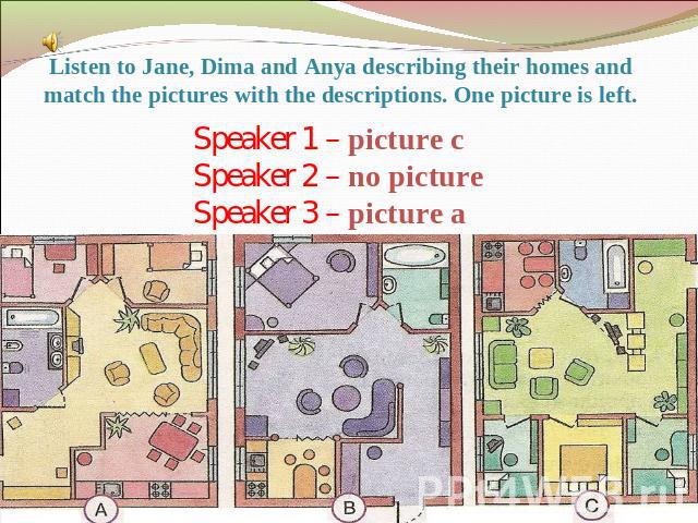 Listen to Jane, Dima and Anya describing their homes and match the pictures with the descriptions. One picture is left. Speaker 1 – picture cSpeaker 2 – no pictureSpeaker 3 – picture a