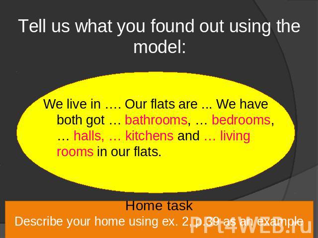 Tell us what you found out using the model: We live in …. Our flats are ... We have both got … bathrooms, … bedrooms, … halls, … kitchens and … living rooms in our flats. Home taskDescribe your home using ex. 2, p.39 as an example
