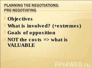 Planning the negotiations:Pre-negotiating ObjectivesWhat is involved? (+extremes
