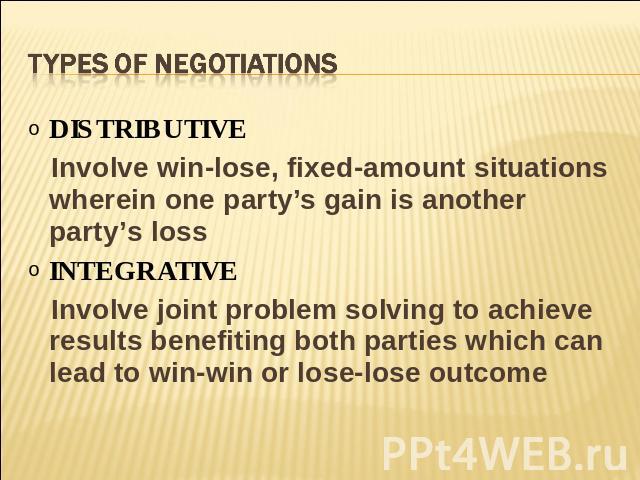 Types of negotiations DISTRIBUTIVE Involve win-lose, fixed-amount situations wherein one party’s gain is another party’s lossINTEGRATIVE Involve joint problem solving to achieve results benefiting both parties which can lead to win-win or lose-lose …