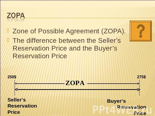 ZOPA Zone of Possible Agreement (ZOPA).The difference between the Seller’s Reservation Price and the Buyer’s Reservation Price Seller’s Reservation PriceBuyer’s Reservation Price