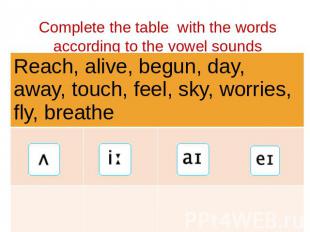 Complete the table with the words according to the vowel sounds Reach, alive, be