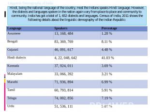 Linguistic Demography of India Hindi, being the national language of the country