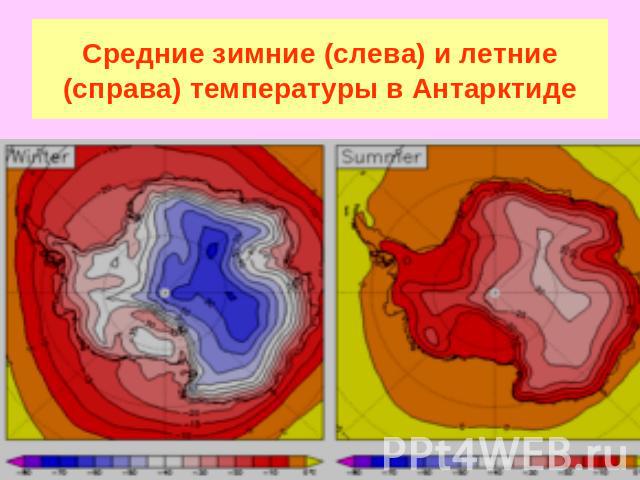 Средние зимние (слева) и летние (справа) температуры в Антарктиде
