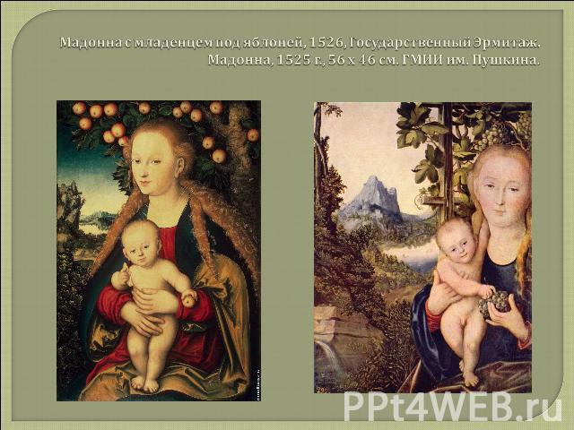 Мадонна с младенцем под яблоней, 1526, Государственный Эрмитаж.Мадонна, 1525 г., 56 х 46 см. ГМИИ им. Пушкина.