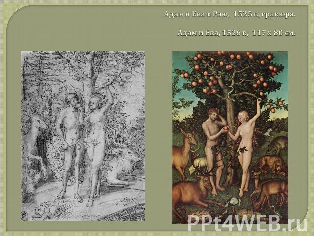Адам и Ева в Раю, 1525 г., гравюра. Адам и Ева, 1526 г., 117 х 80 см.