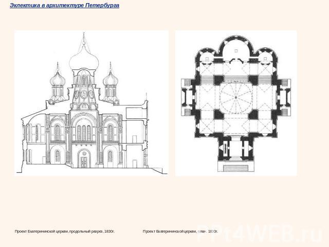 Проект Екатерининской церкви, продольный разрез, 1830г. Проект Екатерининской церкви, план, 1830г.