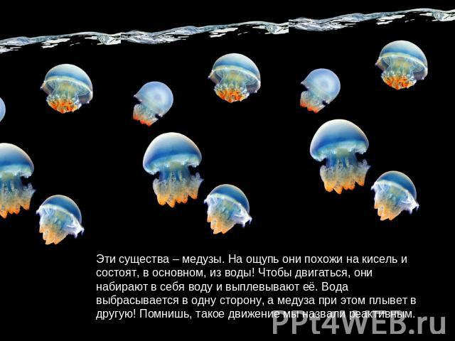 Эти существа – медузы. На ощупь они похожи на кисель и состоят, в основном, из воды! Чтобы двигаться, они набирают в себя воду и выплевывают её. Вода выбрасывается в одну сторону, а медуза при этом плывет в другую! Помнишь, такое движение мы назвали…