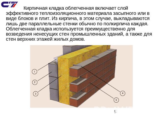 Кирпичная кладка облегченная включает слой эффективного теплоизоляционного материала засыпного или в виде блоков и плит. Из кирпича, в этом случае, выкладываются лишь две параллельные стенки обычно по полкирпича каждая. Облегченная кладка использует…