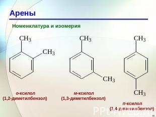 Арены Номенклатура и изомерия о-ксилол(1,2-диметилбензол) м-ксилол(1,3-диметилбе
