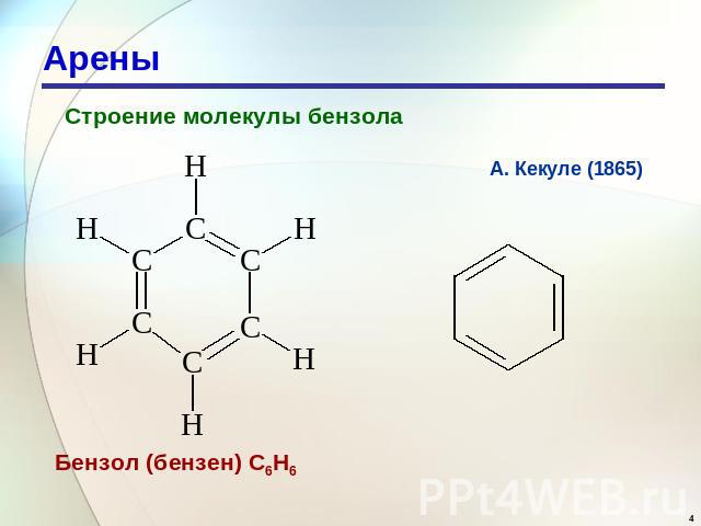 Арены Строение молекулы бензола А. Кекуле (1865) Бензол (бензен) С6Н6