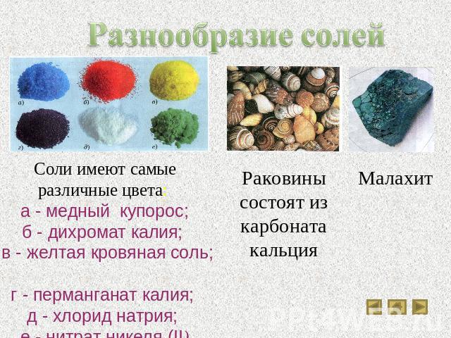 Разнообразие солей Соли имеют самые различные цвета: а - медный купорос;б - дихромат калия; в - желтая кровяная соль; г - перманганат калия; д - хлорид натрия; е - нитрат никеля (II) Раковины состоят из карбоната кальция Малахит