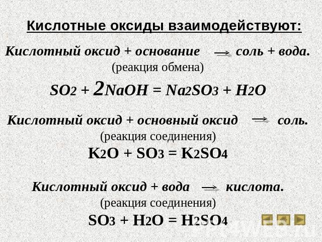 Кислотные оксиды взаимодействуют: Кислотный оксид + основание соль + вода.(реакция обмена)SO2 + 2NaOH = Na2SO3 + H2OКислотный оксид + основный оксид соль.(реакция соединения)K2O + SO3 = K2SO4Кислотный оксид + вода кислота.(реакция соединения)SO3 + H…