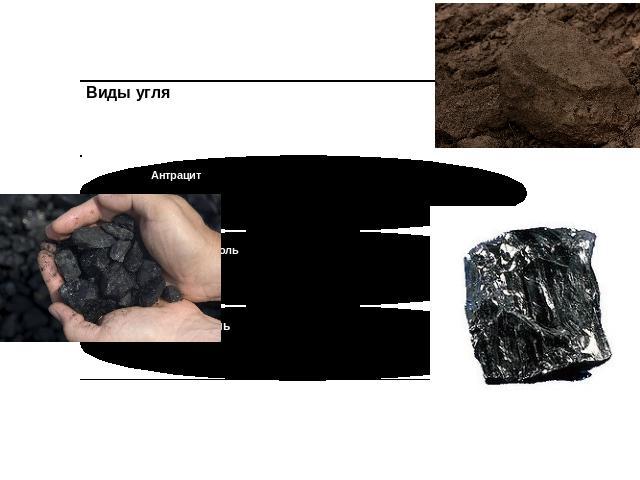 Бурый угольКаменный угольАнтрацитВиды угля